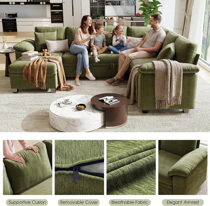 107.8" Modular Sectional Sleeper Sofa with Pull Out Bed, U Shaped 7 Seat Couch with 221L Storage, Convertible Cloud Couch Bed with Ottoman, Sectional Couches for Living Room, Apartment (Green)7