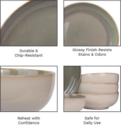 16-Piece Stoneware Dinnerware Set for 4, Glossy Cream/Green Big Dinner Plates and Bowls Sets with Reactive Glaze, Ceramic Dish Set, Modern Dishes, Microwave & Dishwasher Safe, Resona Moss6