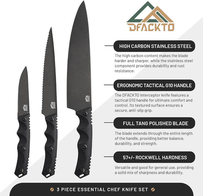 Premium Rugged 3-Piece Kitchen and Camping Knife Set, High Carbon Stainless Steel, G10 Handles, Full Tang - BBQ, Tactical, Outdoor Cooking - Includes 8" Chef, 6" Utility, 3.5" Paring - Black3