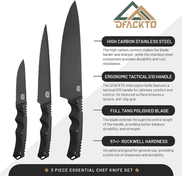 Premium Rugged 3-Piece Kitchen and Camping Knife Set, High Carbon Stainless Steel, G10 Handles, Full Tang - BBQ, Tactical, Outdoor Cooking - Includes 8" Chef, 6" Utility, 3.5" Paring - Black3