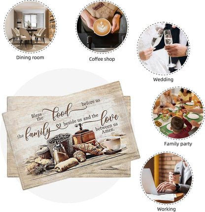 Christian Coffee Placemats Set of 4, Bless the Food before Us Place Mats, Religious Table Mats for Kitchen Dining Table Kitchen Decor Linen 12X18 Inch7