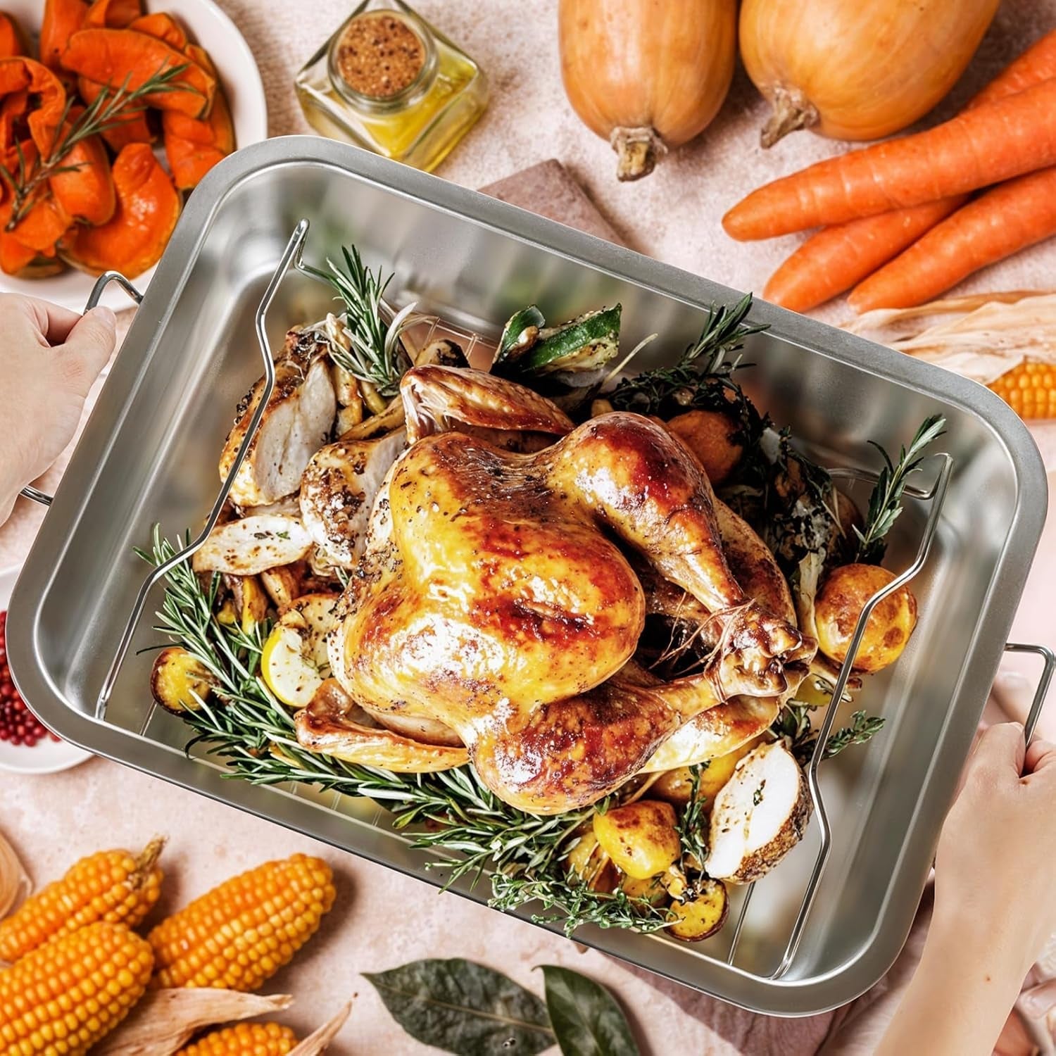 heavy-duty-stainless-steel-roasting-pan-with-rack-handle-for-oven-high-sided-induction-compatible-rack-for-even-heating-draining-for-turkey-chicken-vegetables-lasagna-easy-to-clean