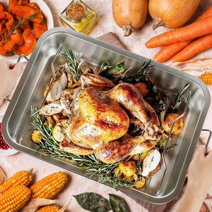 Heavy Duty Stainless Steel Roasting Pan with Rack & Handle for Oven | High Sided, Induction Compatible, Rack for Even Heating & Draining, for Turkey Chicken Vegetables & Lasagna, Easy to Clean7