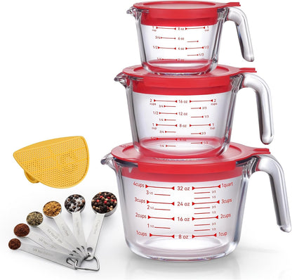 10 Pack Glass Measuring Cup Set with Lids, Stackable Handled Liquid Cups in 1, 2, 4 Cup Sizes, Comes with 6 Size Measuring Spoons and Strainer, Kitchen Nesting Baking Measuring Tools1