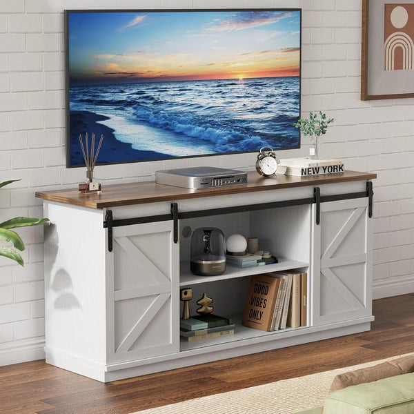 58" Farmhouse TV Stand for Tvs up to 65", Sliding Barn Doors, White | Entertainment Center, Storage Cabinets, Media Console for Living Room and Bedroom1