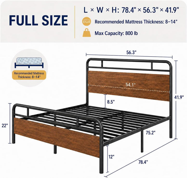 Full Size Industrial Bed Frame with Wood Panels, Walnut+2