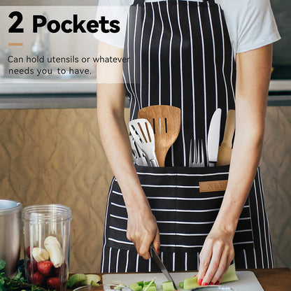 2 Pack Kitchen Cooking Aprons, Adjustable Bib Soft Chef Apron with 2 Pockets for Men Women(Black/Brown Stripes)6