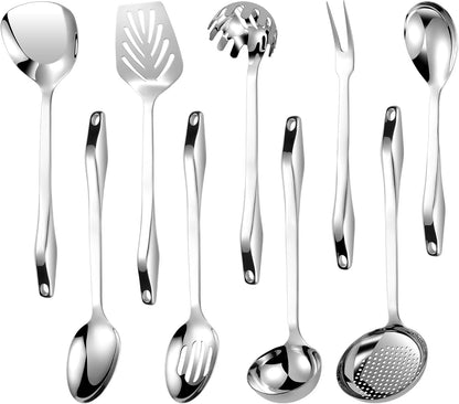 304 Stainless Steel Kitchen Utensil Set - 9Pcs Cooking Utensils, Metal Kitchen Utensil Spatula Sets Cookware,High Temperature Resistance Kitchen Tool Set for Hanging Dishwasher Safe（Silver）1