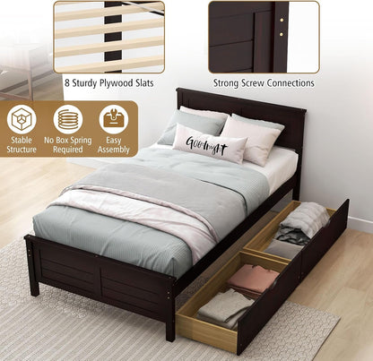 Twin Size Wood Bed Frame with 2 Storage Drawers, Mid Century Platform Bed Frame with Headboard, Sturdy Wooden Slats Support, Modern Mattress Foundation, No Box Spring Required, Easy Assembly5