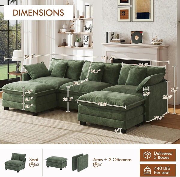 111.4" Modular Sectional Sofa, U Shape Cloud Couch with 2 Movable Ottoman, Comfy Chenille Deep Seat Sofa with Soft Pillows for Living Room Bedroom Apartment (Green)2