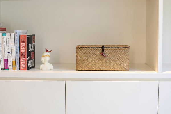 Rectangular Handwoven Seagrass Small Storage Basket with Lid for Shelves and Home Organizer Bins,S (10.2"X5.5"X4.3"H), Natural6