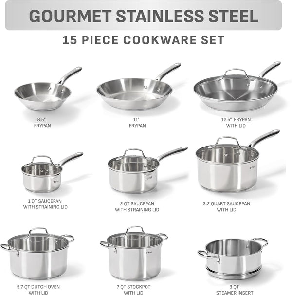 Gourmet 15-Piece Stainless Steel Pots and Pans Set, Induction Compatible2