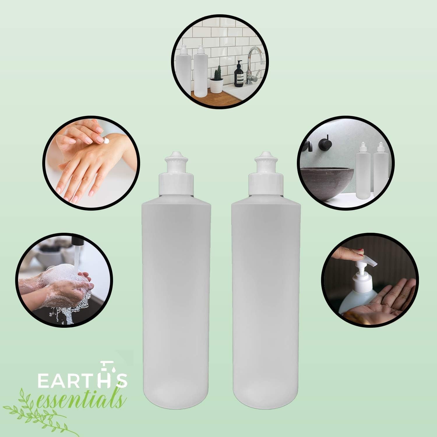 2-pack-refillable-16-ounce-hdpe-squeeze-bottles-with-push-pull-button-top-dispenser-caps-great-for-lotions-shampoos-conditioners-and-massage-oils-includes-our-patented-thread-on-funnel
