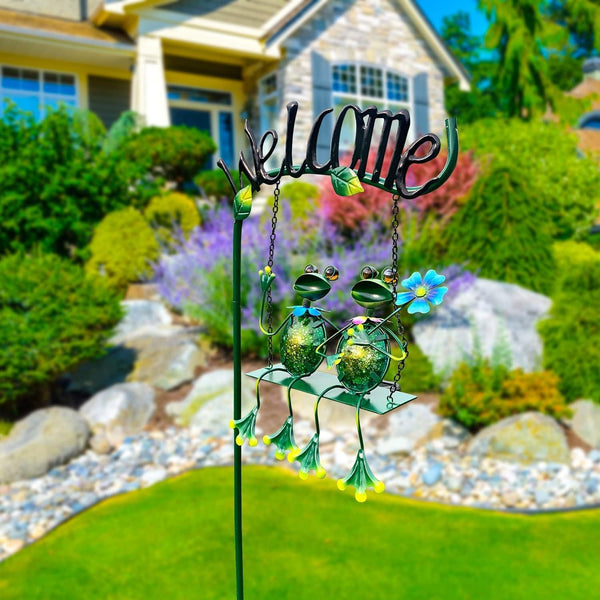 Solar Lights Outdoor Waterproof, Frog Swing Garden Decor, Frog Decorative Stake with Welcome Sign Landscape Patio Yard Gifts for Women Mom (48 Inch)6