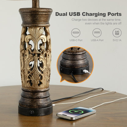 27.25” Antique Gold Table Lamps Set of 2 – Farmhouse Bedside Lamps with Night Light & USB A+C Ports, Vintage Lamps for Bedroom, Living Room, Entryway, Nursery, Reading Nook(Bulbs Included4