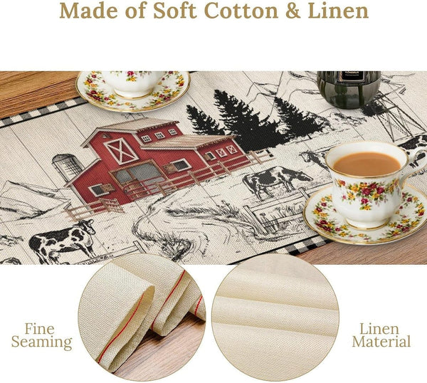 Vintage Farm Table Runner, Farmhouse Animal Barn Checked Pattern Print Table Runner for Kitchen Dinning Table Decor Home Party Holiday, 13X36 Inch4