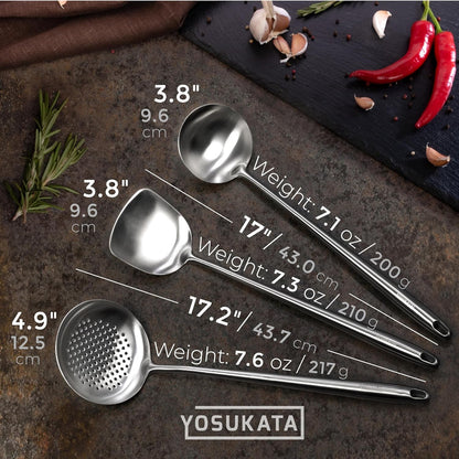 Carbon Steel Wok Pan - 14 in Woks and Stir Fry Pans round Bottom + Wooden Wok Lid 14 in + 17" Wok Spatula and Ladle Skimmer Spoon + Wooden Long Cooking Chopsticks Set of 3 Pairs8