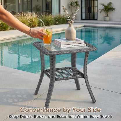 6 Piece Patio Furniture Set, Grey Wicker Outdoor Conversation Set with 4 Swivel Rocker Chairs and 2 Side Tables, 6-Inch Thick Cushions, Beige Olefin Covers for Patio, Porch, Deck5