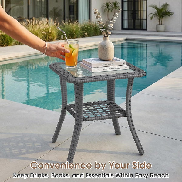 6 Piece Patio Furniture Set, Grey Wicker Outdoor Conversation Set with 4 Swivel Rocker Chairs and 2 Side Tables, 6-Inch Thick Cushions, Beige Olefin Covers for Patio, Porch, Deck5