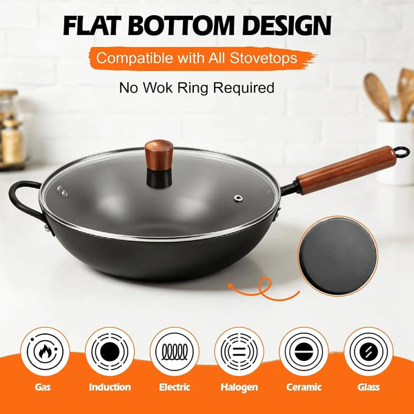 13In Carbon Steel Wok Pan with Glass Lid, Pre-Seasoned Flat Bottom Wok | Wok for Gas Electric Induction Cooktops,Naturally Seasoned Stir Fry Pan with Wooden Handle for BBQ Camping Everyday Cooking5