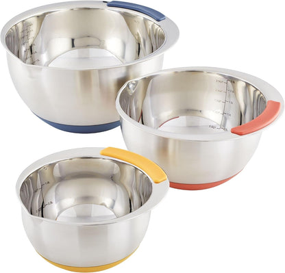 Curry Kitchenware Pantryware Stainless Steel Nesting Mixing Bowls, 3-Piece Set, Silver with Color Accent Handles1