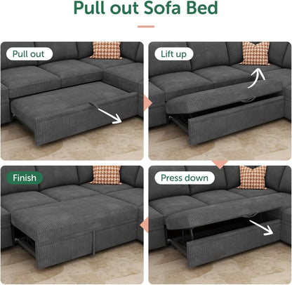 Modular Sectional Sleeper Sofa with Pull Out Bed, Corduroy L Shaped Couch with Storage Seats, Convertible Sectional Couches for Living Room, Dark Grey6