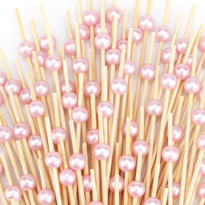 200 PCS Pink Cocktail Toothpicks for Appetizers, Coctail Skewers Sticks | Natural Bamboo Pearl Decorative Cocktail Tooth Picks for Drinks, Fruit, Charcuterie, Wedding Food Party Fancy 4.7 Inch Long1