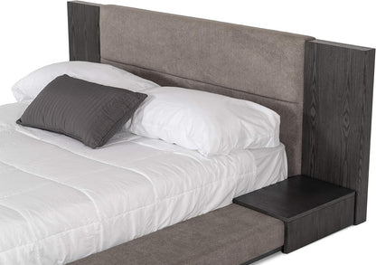 Eastern King Platform Bed, 102X96 In, Polyester Upholstered, Gray Wash Veneer Finish, Built-In Nightstands, Slatted Frame, Modern Bedroom Furniture5