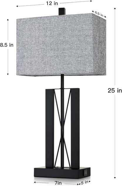 25" Table Lamps Set of 2, Modern Table Lamp for Living Room with 2 USB Charging Ports, Nightstand Geometric Industrial Bedside Lamp with Gray Shade for Bedrooms End Table Decor, Bulbs Included7