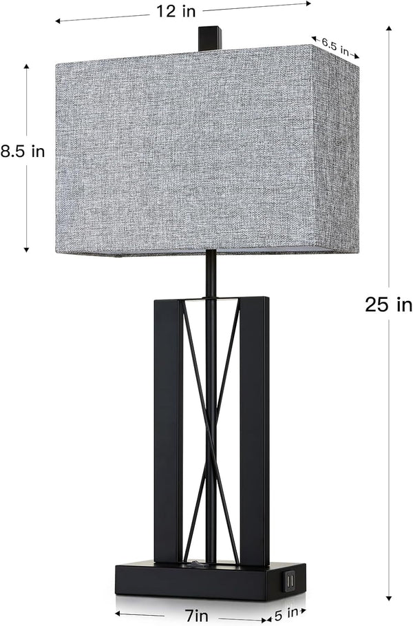 25" Table Lamps Set of 2, Modern Table Lamp for Living Room with 2 USB Charging Ports, Nightstand Geometric Industrial Bedside Lamp with Gray Shade for Bedrooms End Table Decor, Bulbs Included7