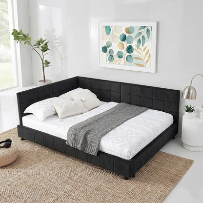 Full Size Daybed L-Shaped, Modern Velvet Upholstered Sofa Day Bed Frame with Wood Slats for Living Room Bedroom Guest Room, No Box Spring Needed, Black9