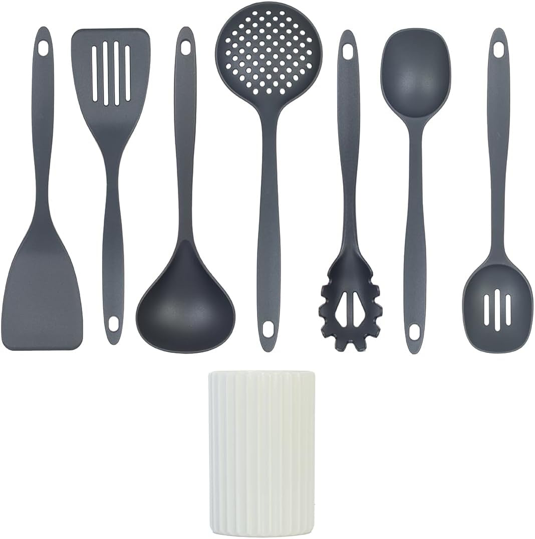 kitchen-utensils-set-8pcs-nonstick-cooking-tools-with-utensil-holder-nylon-spoon-ladle-skimmer-spaghetti-server-and-turner-spatula-set-dishwasher-safe-grey