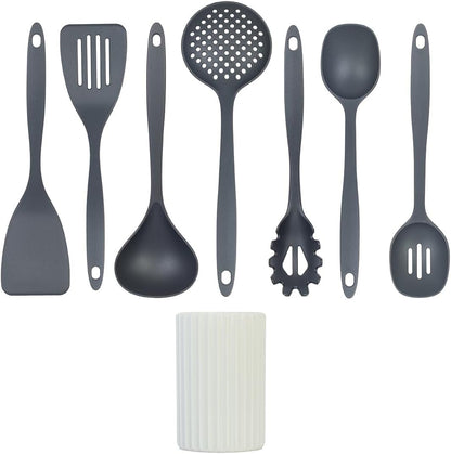 Kitchen Utensils Set, 8Pcs - Nonstick Cooking Tools with Utensil Holder - Nylon Spoon, Ladle, Skimmer, Spaghetti Server, and Turner Spatula Set - Dishwasher Safe, Grey2