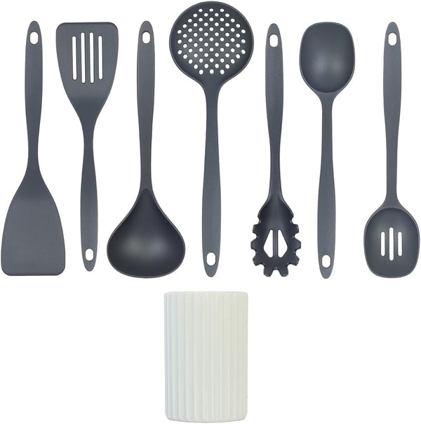 Kitchen Utensils Set, 8Pcs - Nonstick Cooking Tools with Utensil Holder - Nylon Spoon, Ladle, Skimmer, Spaghetti Server, and Turner Spatula Set - Dishwasher Safe, Grey2