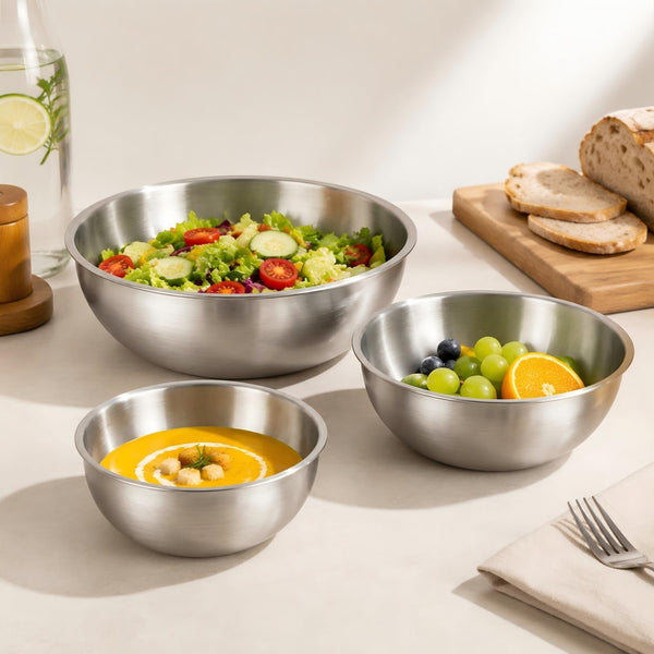 Stainless Steel Mixing Bowls Set of 3 - 9.84", 8.66" & 7.5" Metal Mixing Bowls, 3.3 Qt, 2 Qt & 1.5 Qt Stainless Steel Salad Bowls, Durable 304 Stainless Steel Bowl for Kitchen, Baking, and Meal Prep5
