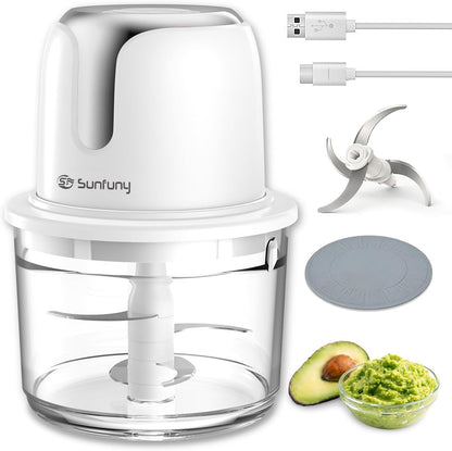 Food Processor Cordless, 6000Mah Wireless Garlic Chopper, 5-Cup Glass Bowl | USB-C Rechargeable Battery, 4 Blade, SUNFUNY Electric Vegetable Chopper, Portable Meat Blender Mixer, Small Kitchen Appliance1