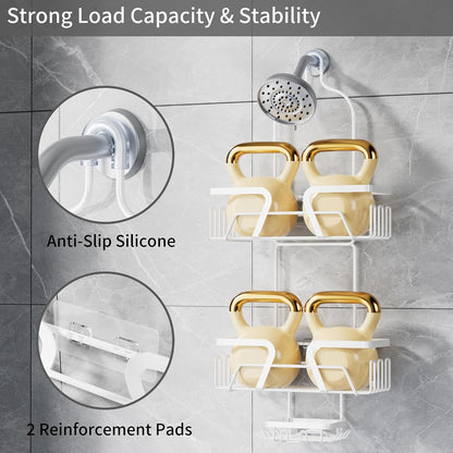 White Shower Organizer Hanging - 2 over the Shower Head Caddies + Soap Dish, Stainless Steel Rust-Free Bath Organizer4