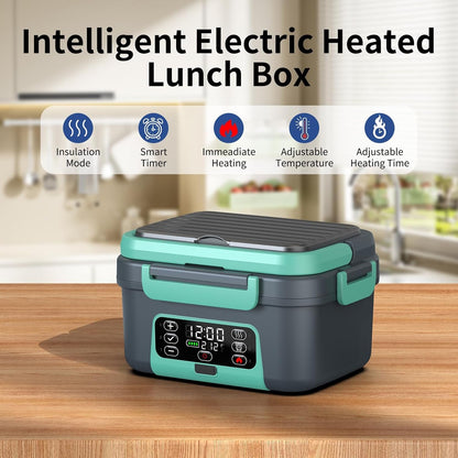 Cordless Electric Heated Lunch Box, 1.5L - 6.3 Cups 100W Rechargeable Smart Self-Heating Food Warmer with Removable Divider, Spoon, Fork, BPA Free, Portable Lunchbox for Car Travel Office Lake Green3