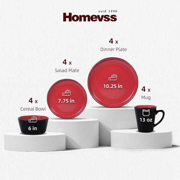 Stoneware Dinnerware Set Service for 4, 16 Piece Two Tone Handmade Plates Bowls Set, Chip & Crack Resistant Modern Tableware, Red and Black2
