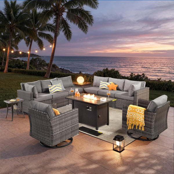 11 Piece Outdoor Patio Furniture Set with Fire Pit Table,Conversation Sectional Wicker Couch with Swivel Chairs,Modern outside Sofa for Balcony Backyard, Dark Grey1