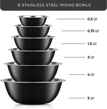 Stainless Steel Mixing Bowl Set - 6 Piece Nesting Bowls, 5Qt to 0.5Qt, Black, Perfect for Dough, Batter & Baking2