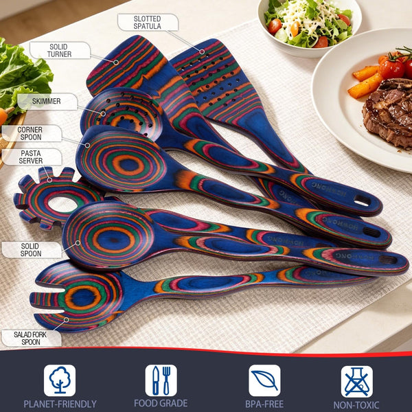 7-Piece Pakkawood Cooking Utensils Set, Colorful Wooden Spoons2