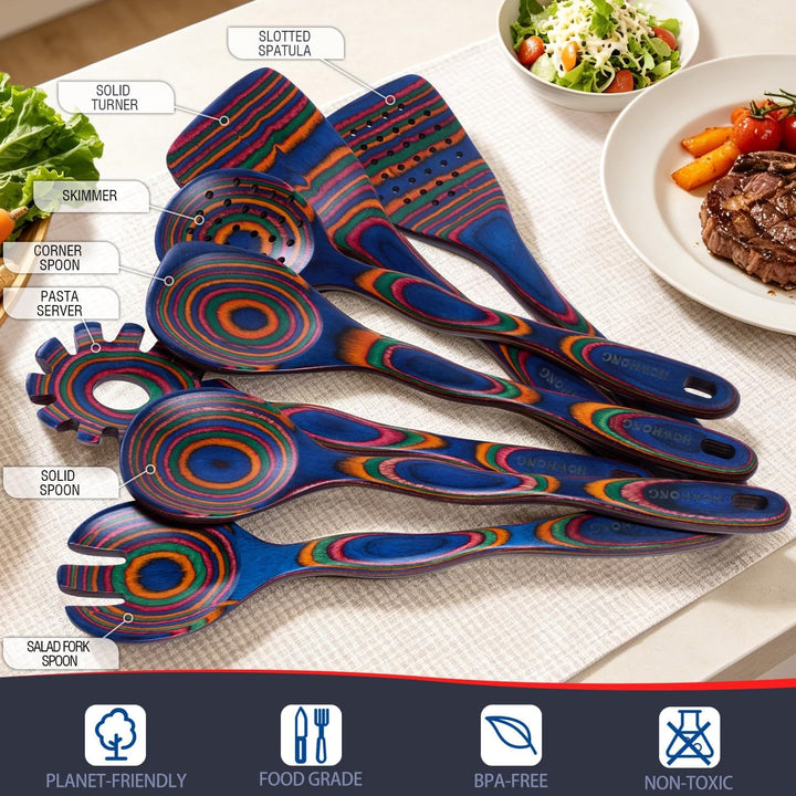 7-Piece Pakkawood Cooking Utensils Set, Colorful Wooden Spoons+2