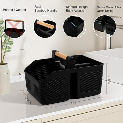 Plastic Shower Caddy Portable Shower Basket with Bamboo Handle, Black2