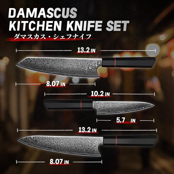 Damascus Knife Set 3 PCS - VG10 Kitchen Knife with Octagonal Handle7
