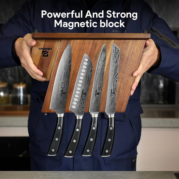 Knife Sets for Kitchen with Block, 17 Pieces with Magnetic Knife Holder, German High Carbon Stainless Steel Damascus Pattern Chef Knife Set, Ideal for Gift4