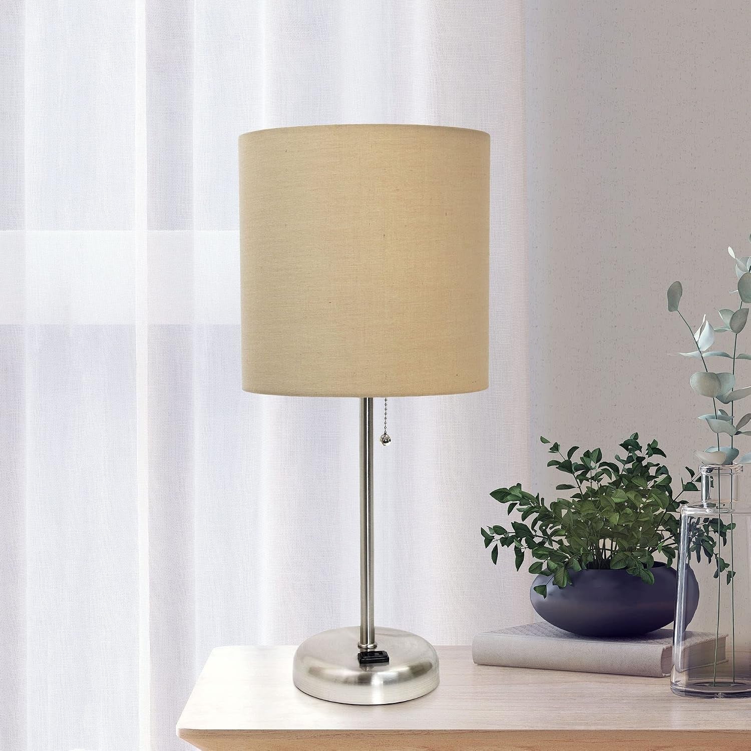 oslo-19-5-contemporary-bedside-power-outlet-base-standard-metal-table-desk-lamp-in-brushed-steel-with-tan-drum-fabric-shade