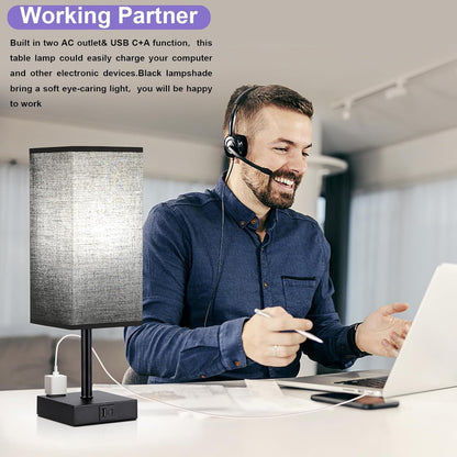 Black Bedside Table Lamp for Bedroom - Dimmable Touch, USB C+A, AC Outlet6