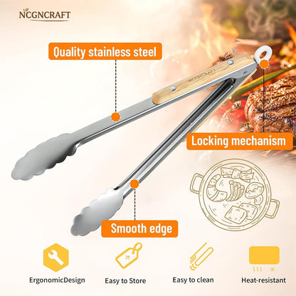 9+12 Inch Stainless Steel Kitchen Tongs for Cooking with Wood Handle, Set of 23