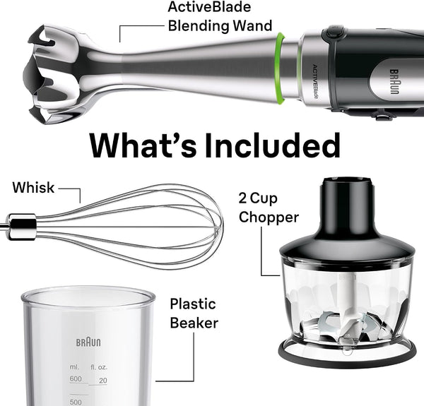 Braun Multiquick 7 3-In-1 Immersion Blender & Food Processor | #1 Hand Blender Brand, Adjustable Speed Control, Ergonomic Handle, Detachable Attachments, Beaker, Whisk, 2 Cup Chopper7